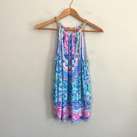 Lilly Pulitzer Bowen Halter Top Women Size Medium Multicolor Gold Chain Beach - Picture 1 of 12